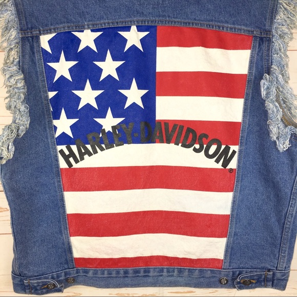 Harley Davidson AMERICAN FLAG Frayed Denim Vest SM - Picture 2 of 8